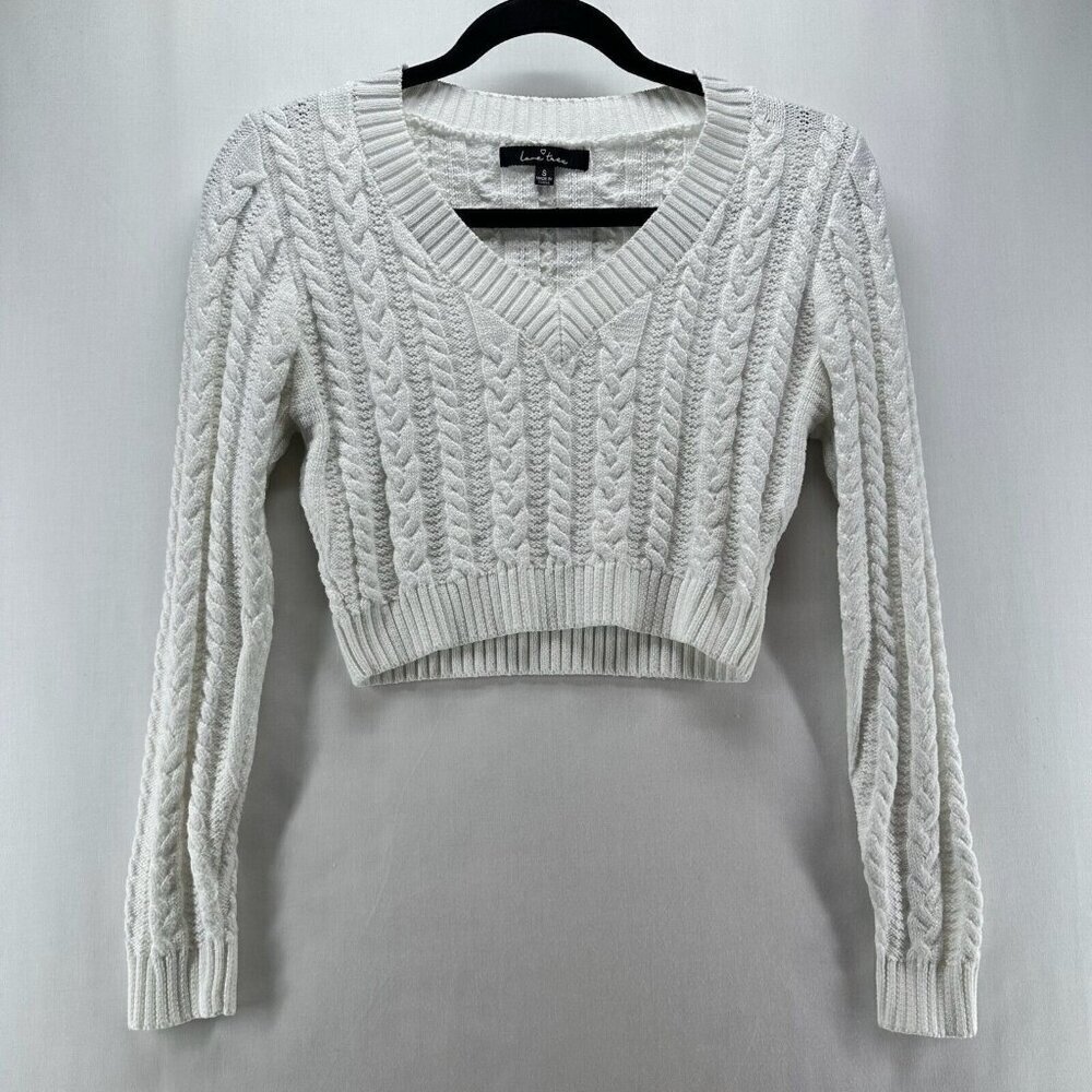Love Tree Cropped Sweater Women Sz S Cable Knit Pullover V-Neck Minimalist White